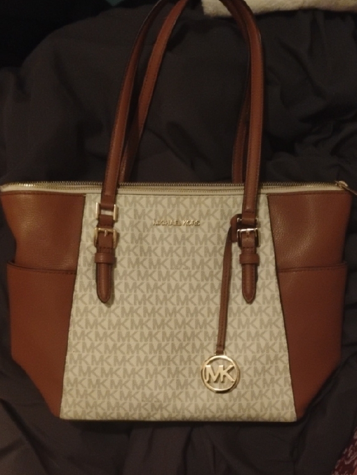 Michael Kors Cream Mk Logo Tote With Brown Leather Trim And Wallet